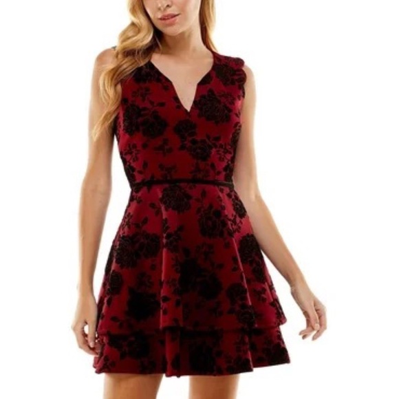 NWT City Studio Womens Red Velvet Mini Fit & Flare Dress - Picture 1 of 5
